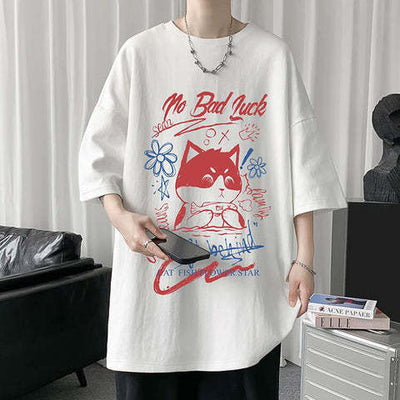 White Half Sleeve Cute Cat T-shirt Top - Five Star Fynds
