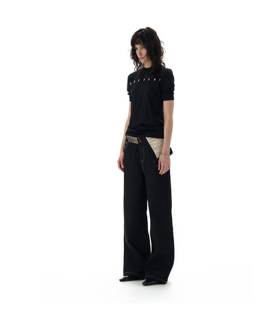 Flip Over Cotton Black Printed Pants At The Waist