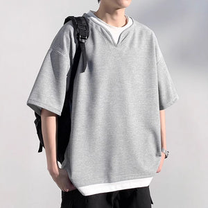 Henry Collar Fake Two Pieces Short Sleeve T-shirt Trendy Men Summer - Five Star Fynds