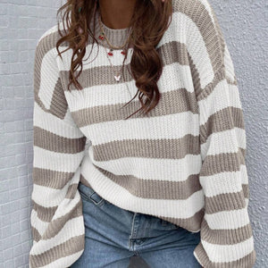 Striped Pattern Drop Shoulder Sweater,Long Sleeve Tops - Five Star Fynds