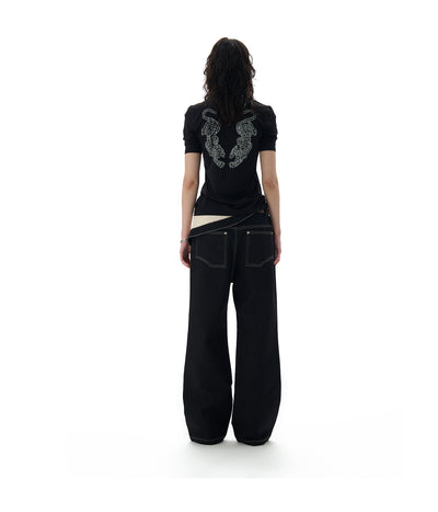 Flip Over Cotton Black Printed Pants At The Waist