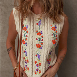 Fashion Floral Embroidered Knitted Vest For Women New Niche Retro Outerwear Sleeveless Top For Women - Five Star Fynds
