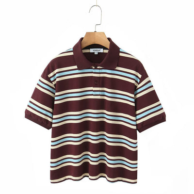 Retro Contrast Color Pure Cotton Striped Polo Shirt - Five Star Fynds