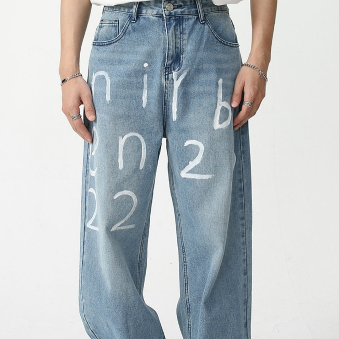 New Loose Wide-leg Mopping Jeans Personalized Digital Printing - Five Star Fynds