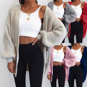 Solid color loose European and American sweater mid-length cardigan - Five Star Fynds