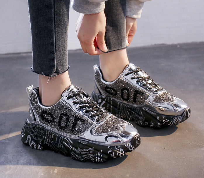 Women Chunky Sneakers Platform Shining Fashion Old Dad Shoes