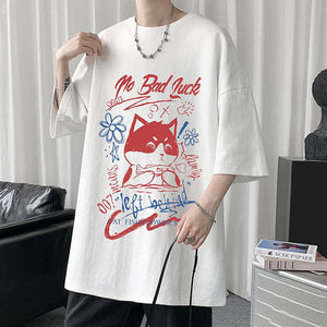 White Half Sleeve Cute Cat T-shirt Top - Five Star Fynds