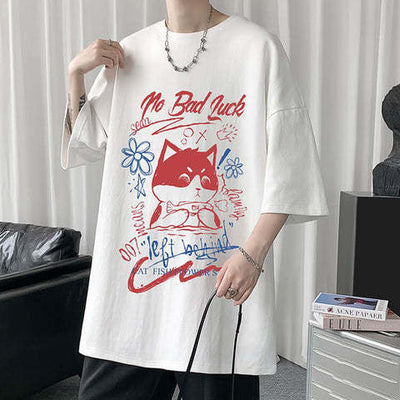 White Half Sleeve Cute Cat T-shirt Top - Five Star Fynds