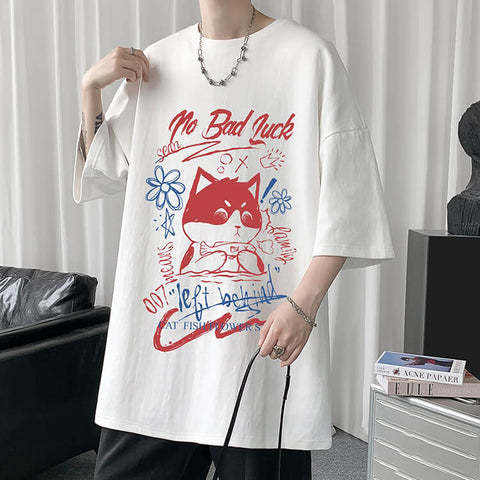 White Half Sleeve Cute Cat T-shirt Top - Five Star Fynds
