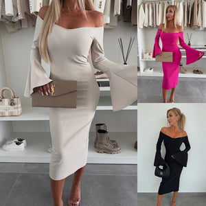 Solid Color Niche Design Off-neck Flared Long Sleeve Dress - Five Star Fynds