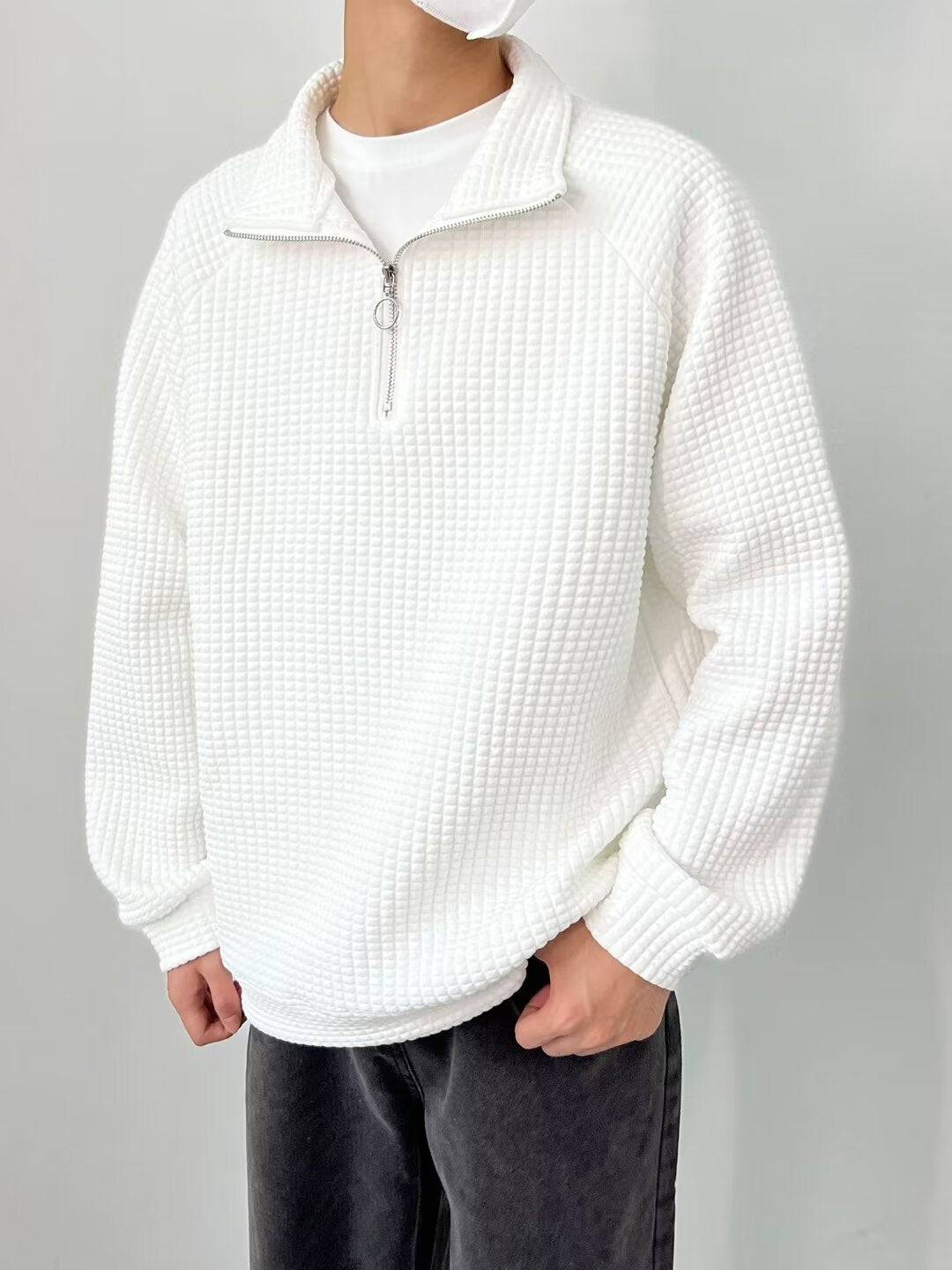 Waffle Half Zipper Casual Lapel Men's Sweater