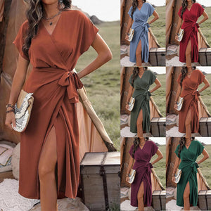 Commuting Fashion Forged Split Women's Solid Color Wrap Suspender Dress - Five Star Fynds