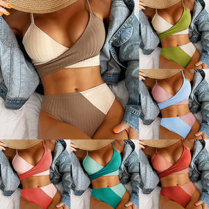 Bikini Patchwork Swimwear Ribbed Women's Swimsuit Knot Back Beachwear Ruched Butt Biquinis Bathing Suits - Five Star Fynds