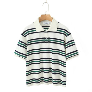 Retro Contrast Color Pure Cotton Striped Polo Shirt - Five Star Fynds