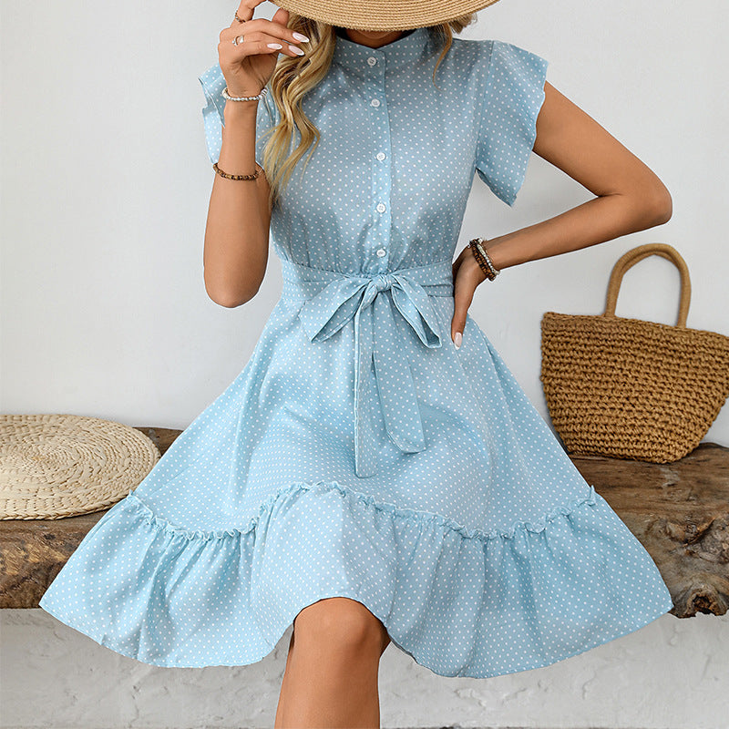 Elegant Polka Dot Ruffle Sleeve A- Line Skirt