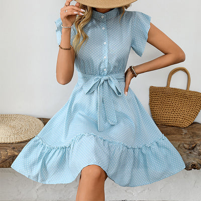 Elegant Polka Dot Ruffle Sleeve A- Line Skirt