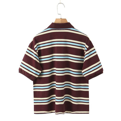 Retro Contrast Color Pure Cotton Striped Polo Shirt - Five Star Fynds