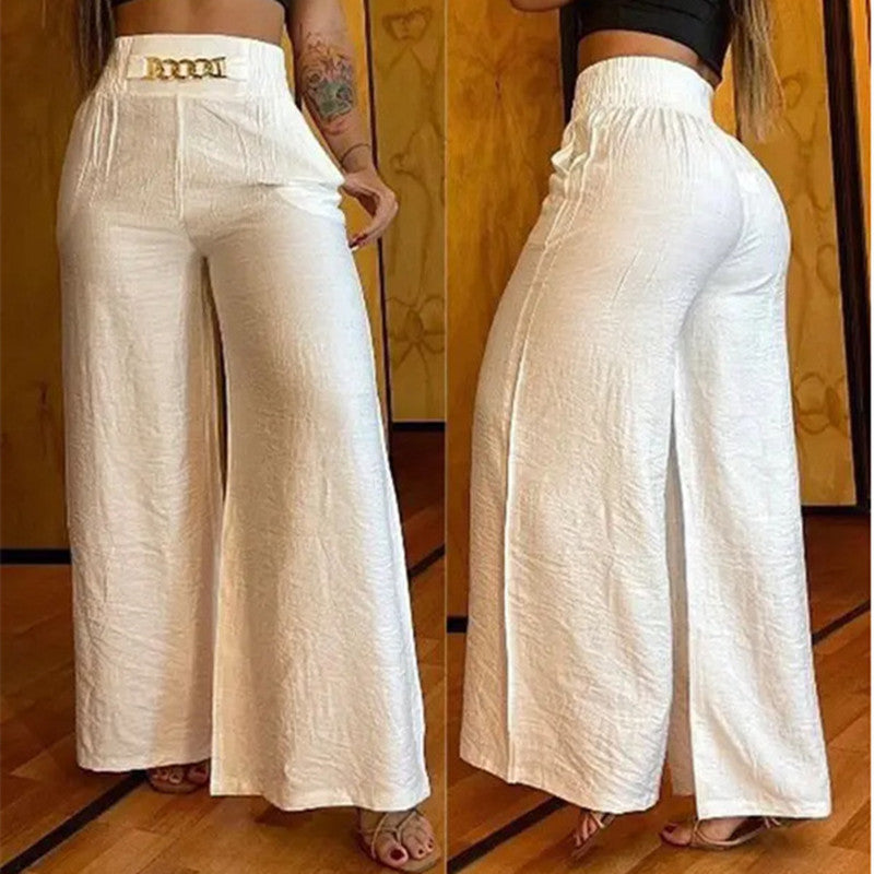 Solid Color White Wide-leg High-waisted Trousers Loose