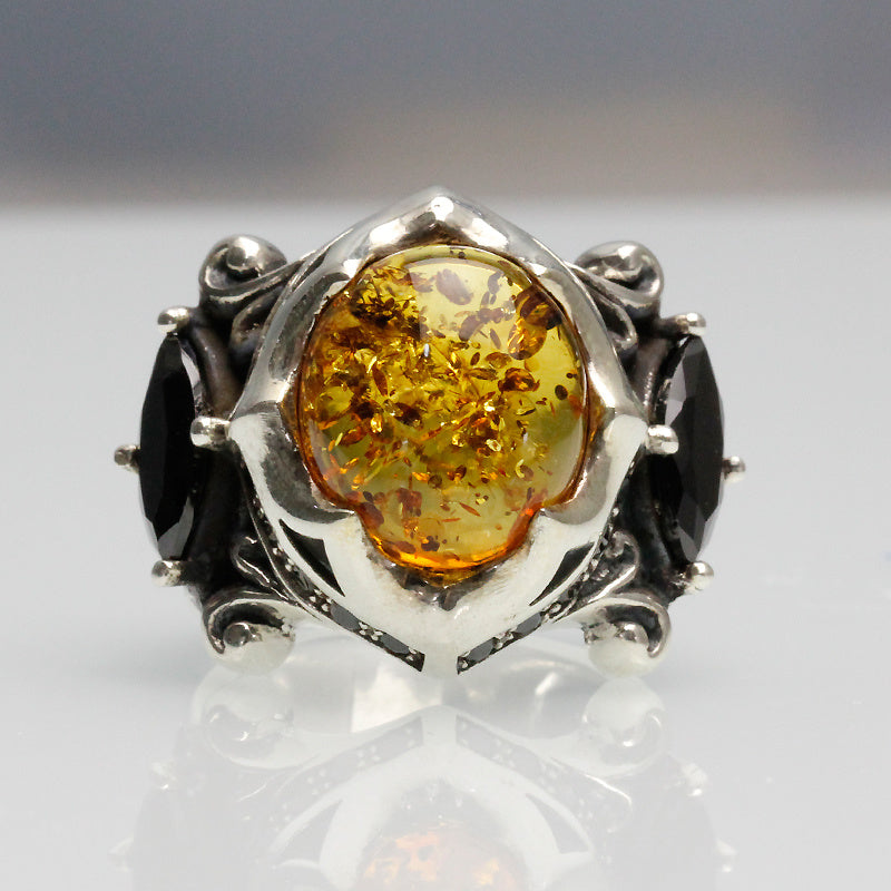 925 Thai Silver Ring Retro Gem Black Stone Amber