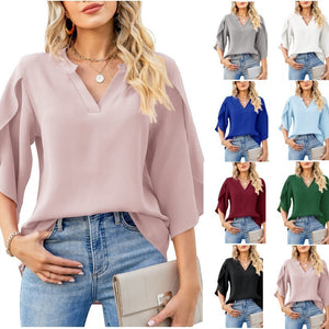 Summer New Women's Fashion Petal Sleeve Top Loose V-neck Chiffon Shirt - Five Star Fynds