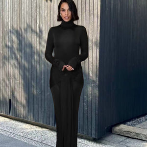 High Collar Solid Color European And American High-end Lace-up Design Dress - Five Star Fynds