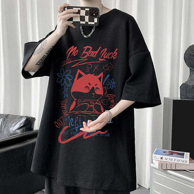 White Half Sleeve Cute Cat T-shirt Top - Five Star Fynds