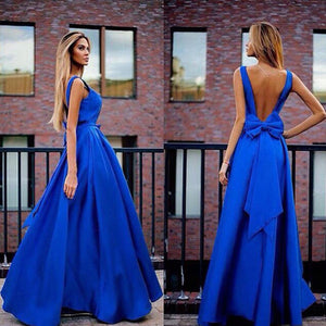 Deep V Neck Sleeveless Backless Bow Ball Evening Dress - Five Star Fynds