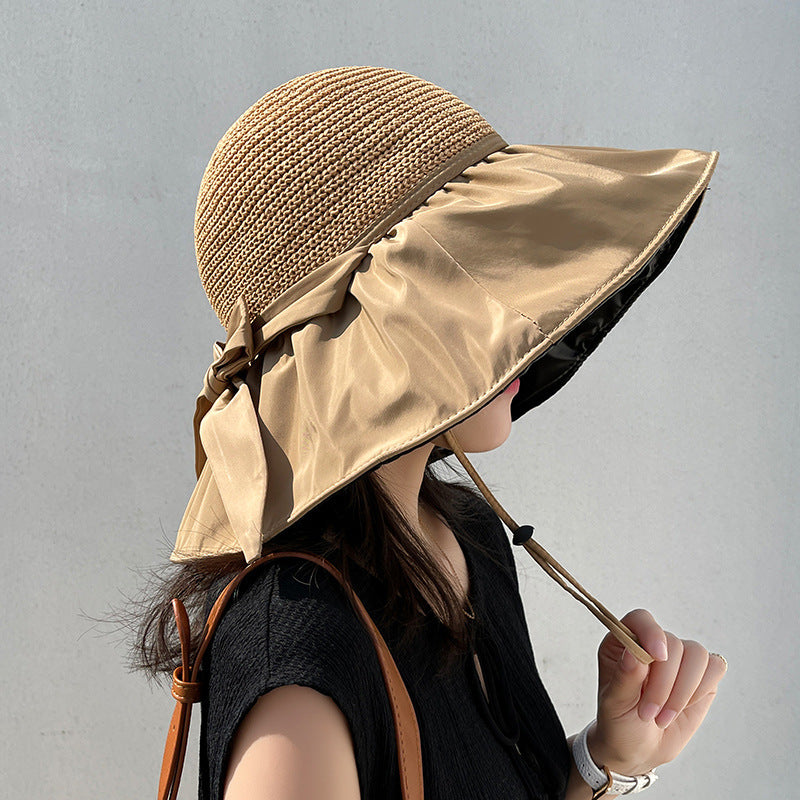 Black Rubber Beach Hat Sun Hat Female Summer Hollow Straw Hat