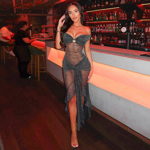 Sexy Fashion Slim Fit Tube Top Backless Silver Silk See-through Dress Women - Five Star Fynds