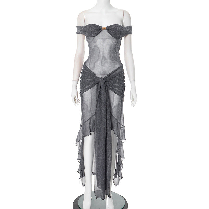 Sexy Fashion Slim Fit Tube Top Backless Silver Silk See-through Dress Women
