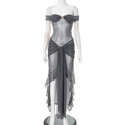 Sexy Fashion Slim Fit Tube Top Backless Silver Silk See-through Dress Women