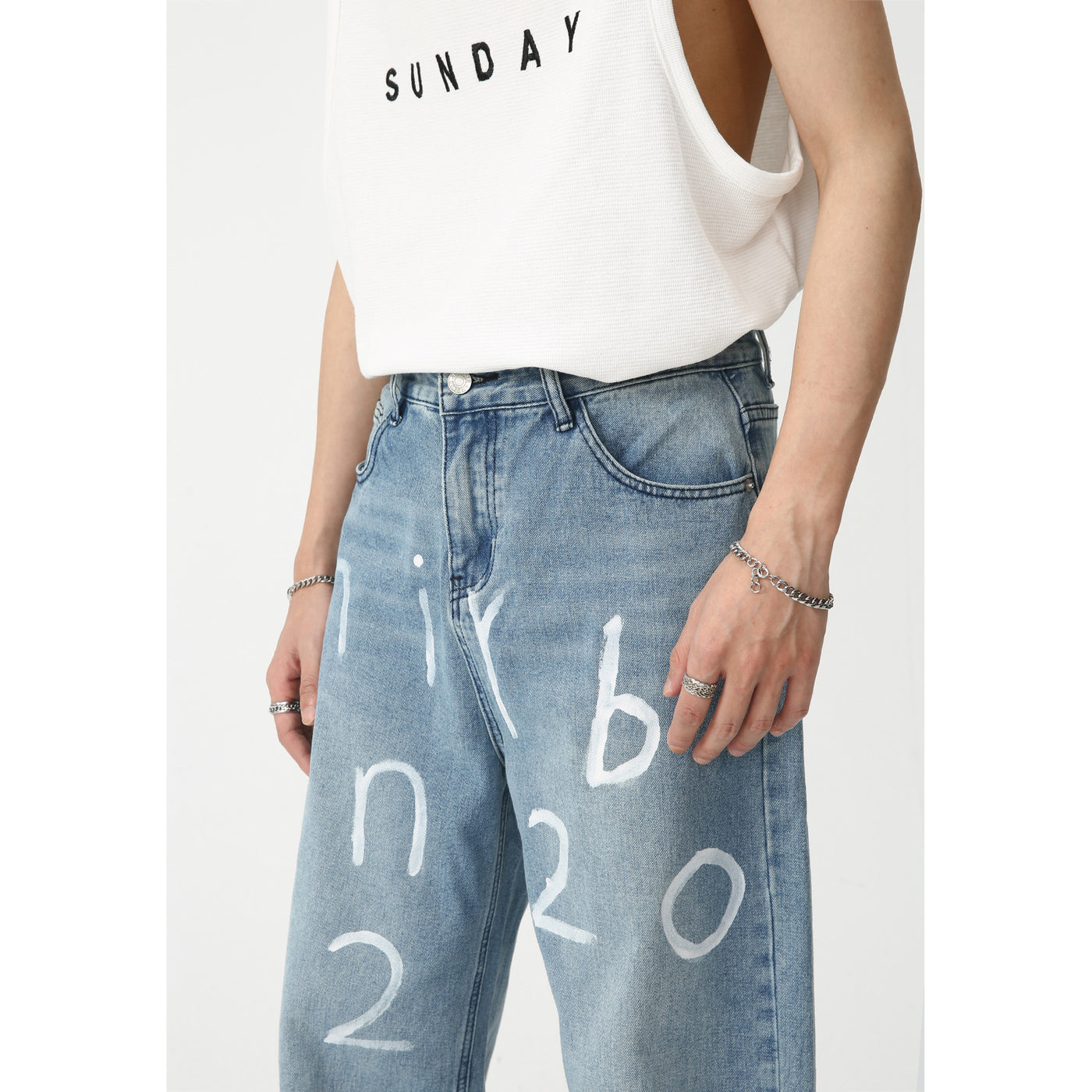 New Loose Wide-leg Mopping Jeans Personalized Digital Printing - Five Star Fynds
