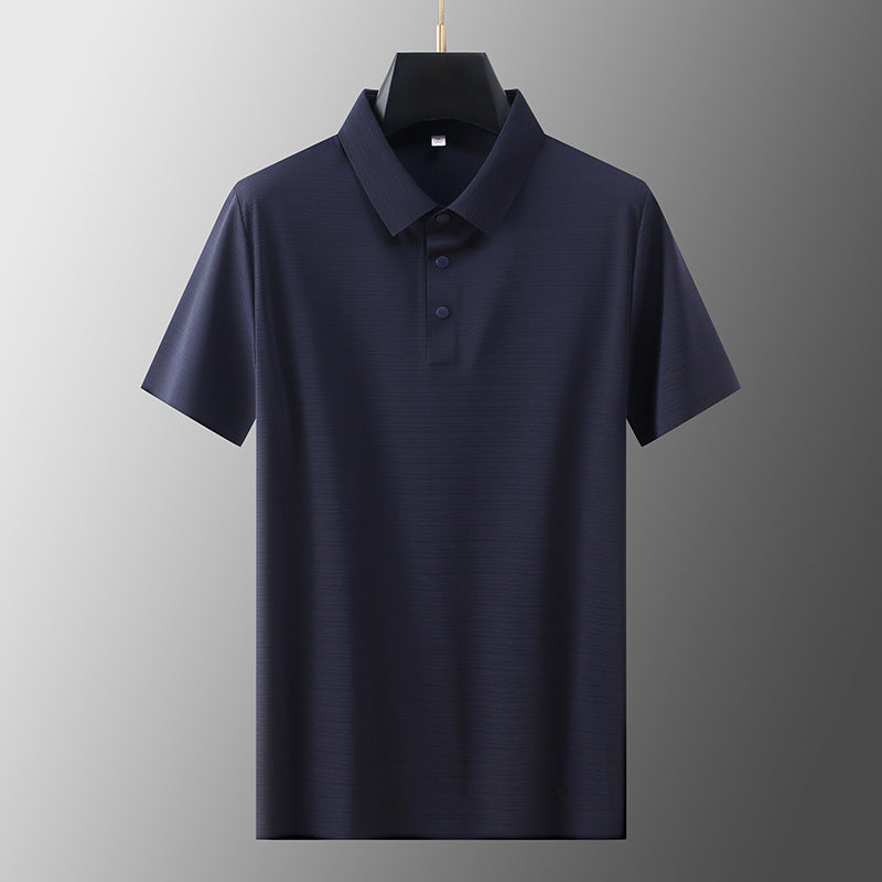 Men's Business Casual Horizontal Pattern High-grade Light Luxury Lapel T-shirt Men's Summer Ice Silk