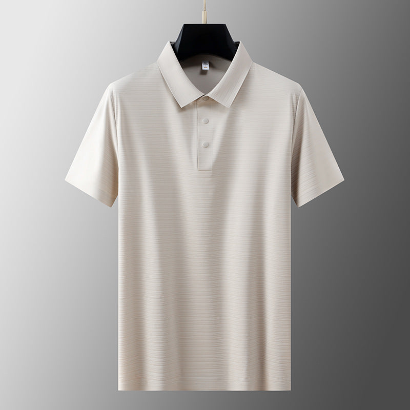 Men's Business Casual Horizontal Pattern High-grade Light Luxury Lapel T-shirt Men's Summer Ice Silk
