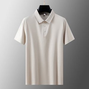 Men's Business Casual Horizontal Pattern High-grade Light Luxury Lapel T-shirt Men's Summer Ice Silk - Five Star Fynds