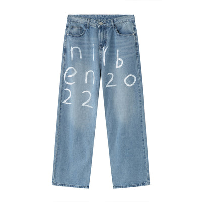 New Loose Wide-leg Mopping Jeans Personalized Digital Printing - Five Star Fynds