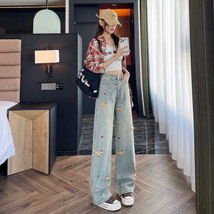 Cartoon Puppy Embroidered High Waist Straight Jeans - Five Star Fynds