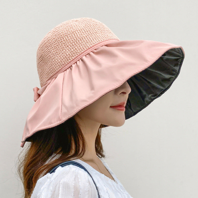 Black Rubber Beach Hat Sun Hat Female Summer Hollow Straw Hat
