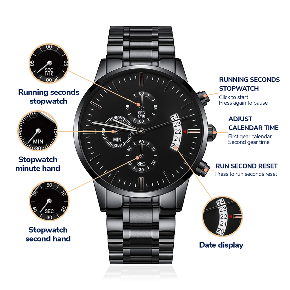 Timeless Precision: Custom Engraved Black Chronograph Watch - Five Star Fynds