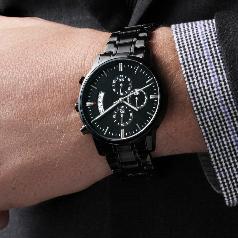 Timeless Precision: Custom Engraved Black Chronograph Watch - Five Star Fynds