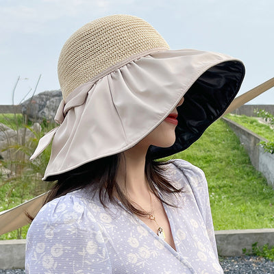 Black Rubber Beach Hat Sun Hat Female Summer Hollow Straw Hat