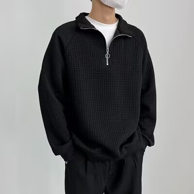 Waffle Half Zipper Casual Lapel Men's Sweater