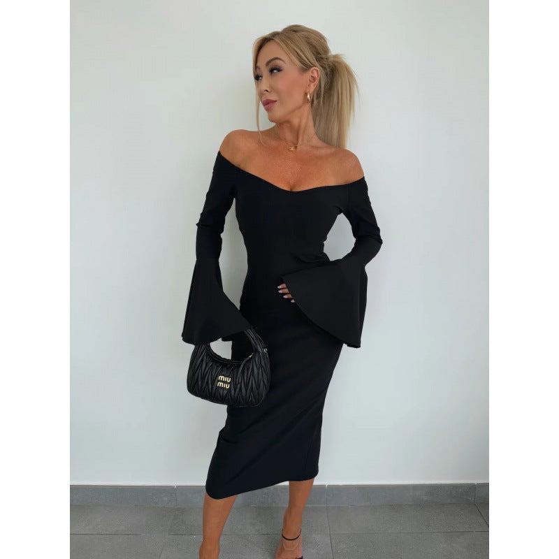 Solid Color Niche Design Off-neck Flared Long Sleeve Dress