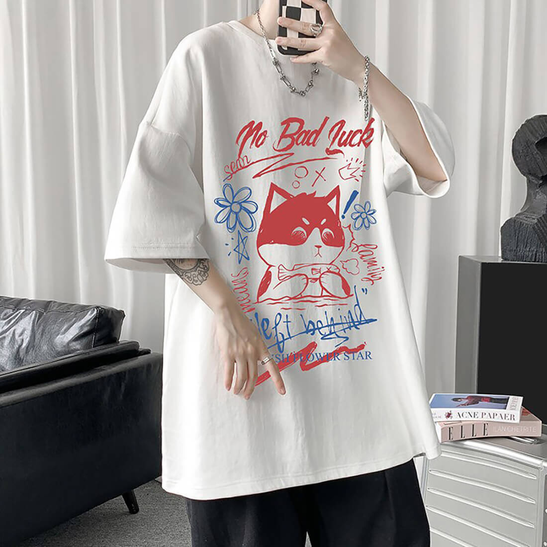 White Half Sleeve Cute Cat T-shirt Top - Five Star Fynds