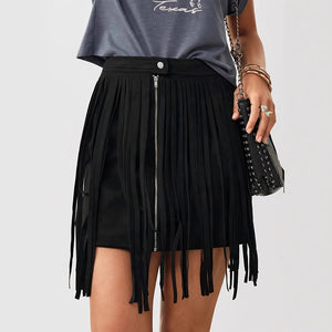 Western Denim Style Women's Solid Color Tassel Front Zipper Casual Short Skirt - Five Star Fynds