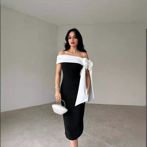 Women's Off-shoulder Bow Black And White Color Matching Elegant Cocktail Dress - Five Star Fynds