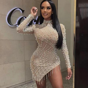 Heavy Industry Pearl Rhinestone Stretch Side Seam Tassel Short Dress - Five Star Fynds