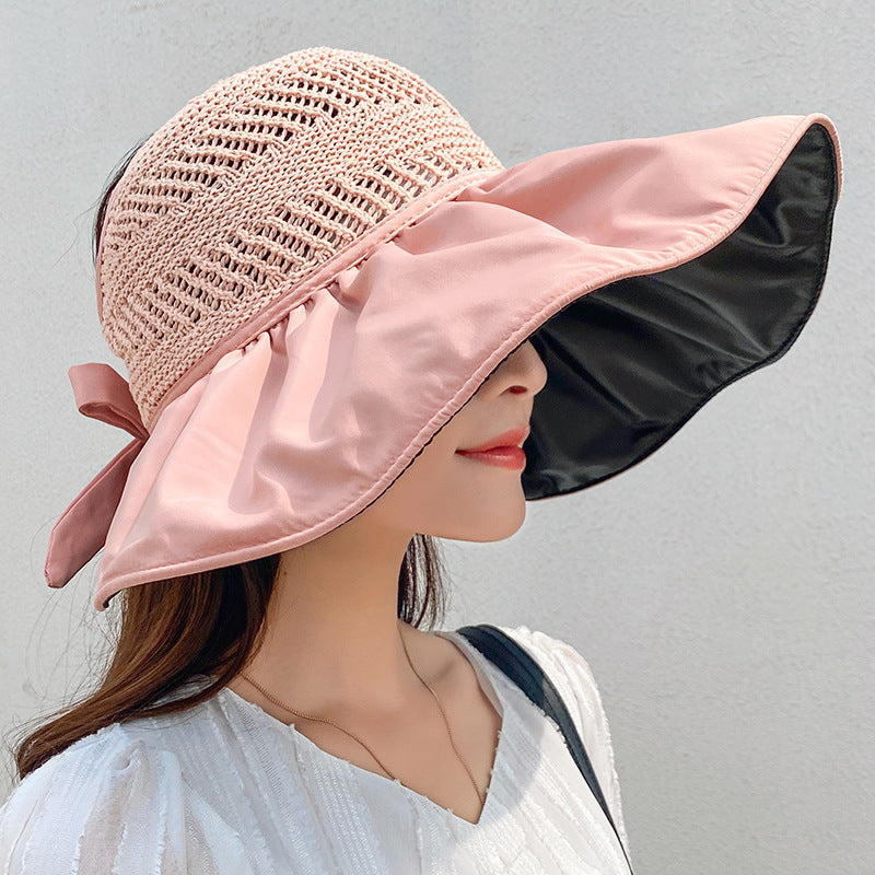 Black Rubber Beach Hat Sun Hat Female Summer Hollow Straw Hat