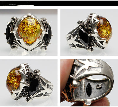 925 Thai Silver Ring Retro Gem Black Stone Amber